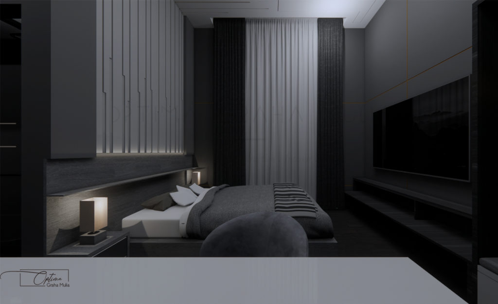 Desain interior kamar dengan warna gelap